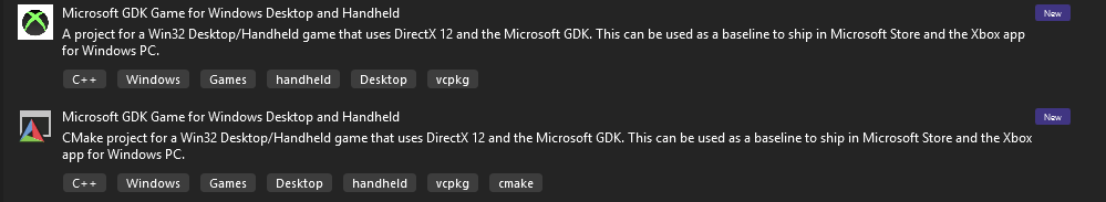 A selection of available C++ project templates for Microsoft GDK